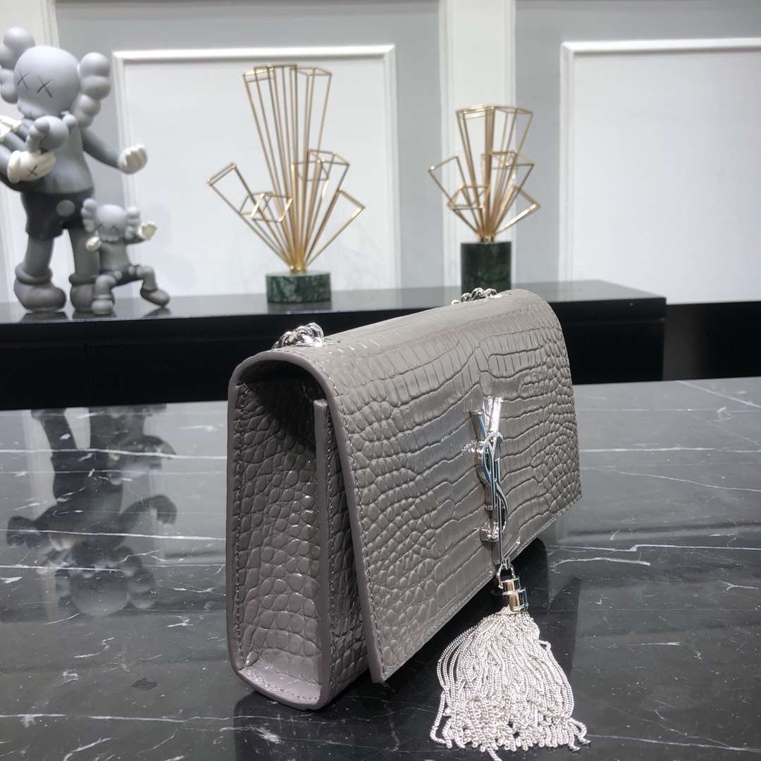 Saint Laurent Kate Tassel Small Crocodile Embossed Calfskin Shoulder Bag Handbag Grey 474366 Silver